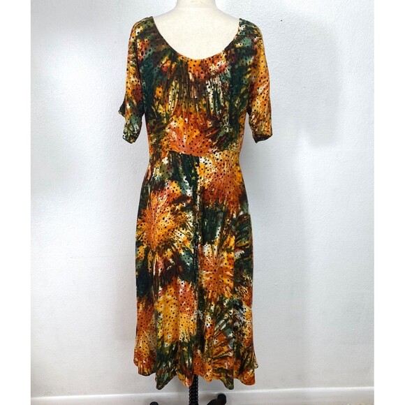 Vintage Womans Midi Dress Medium  Rayon Orange Tie-Dye Boho Peasant Y2K Festival - Picture 7 of 10